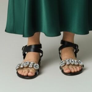 Menina Black Crystal Embellished Flat Sandals Size 7